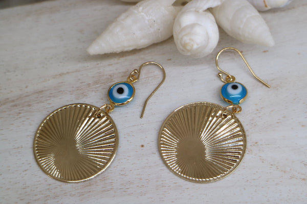 Load image into Gallery viewer, Blue evil eye protection gold earrings

