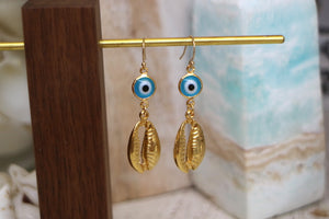 Blue evil eye protection and shell gold earrings