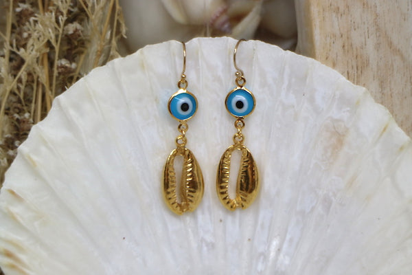 Load image into Gallery viewer, Blue evil eye protection and shell gold earrings
