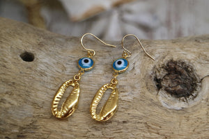 Blue evil eye protection and shell gold earrings
