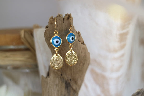 Load image into Gallery viewer, Blue evil eye protection gold earrings
