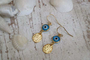 Blue evil eye protection gold earrings