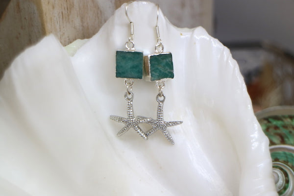 Load image into Gallery viewer, Amazonite gemstone and starfish silver earrings
