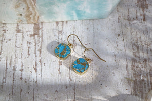Blue turquoise square cut gold earrings