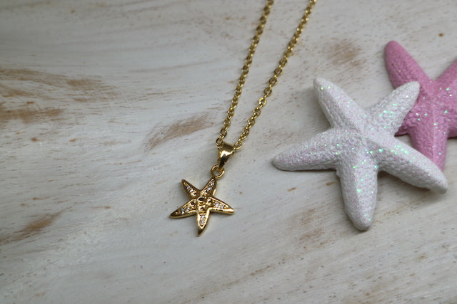 Children's cubic zirconia gold starfish necklace