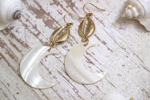 Gold pearl and cowrie shell earrings