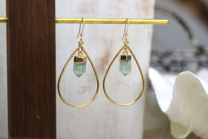 Fluorite crystal point gold teardrop hoop earrings