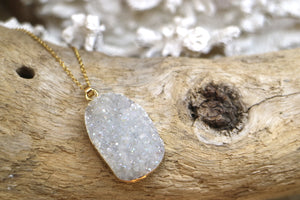 White druzy aura quartz gold necklace