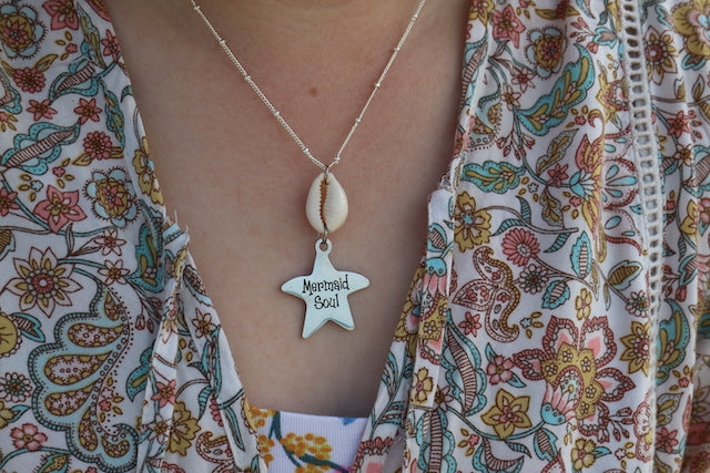 Silver cowrie shell and mermaid soul starfish pendant necklace