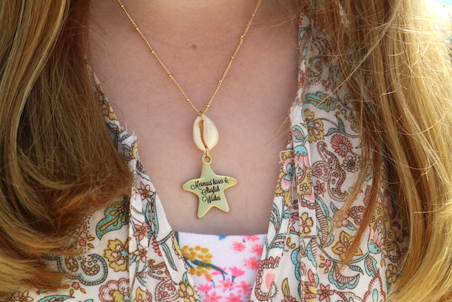 Gold cowrie shell and mermaid kisses & starfish wishes starfish pendant necklace