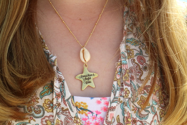 Load image into Gallery viewer, Gold cowrie shell and mermaid kisses &amp; starfish wishes starfish pendant necklace
