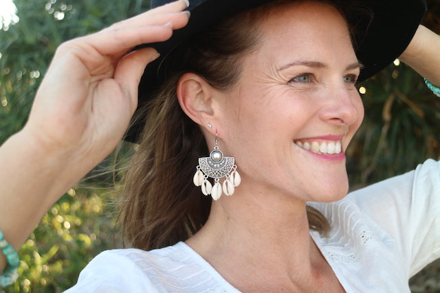 Silver bohemian cowrie shell earrings