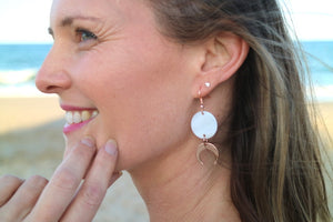 White mother of pearl shell rose gold earrings with rose gold moon charms