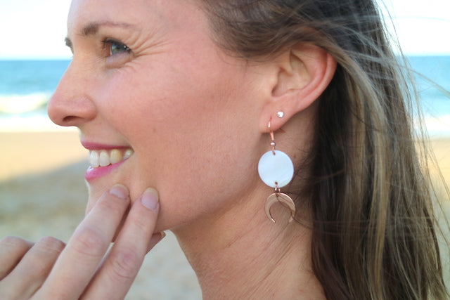 White mother of pearl shell rose gold earrings with rose gold moon charms
