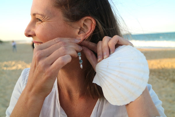 Load image into Gallery viewer, Larimar and pearl silver earrings
