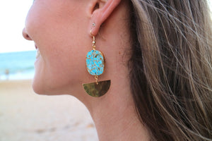 Turquoise gemstone gold earrings with gold-plated hammered and polished half moon charms