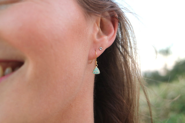 Aqua blue opal triangle gold earrings