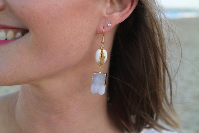 White Druzy Quartz crystal gold earrings with white and gold cowrie shells