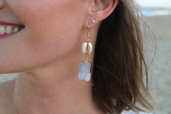 Load image into Gallery viewer, White Druzy Quartz crystal gold earrings with white and gold cowrie shells
